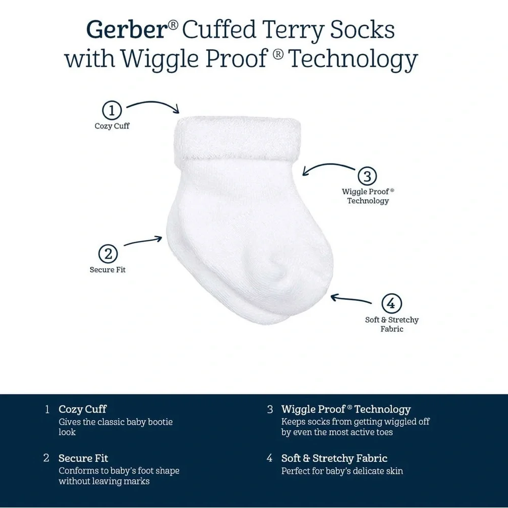 6-Pack Baby White Gerber Cuffed Terry Socks with Wiggle Proof ® Technology 0-3 M